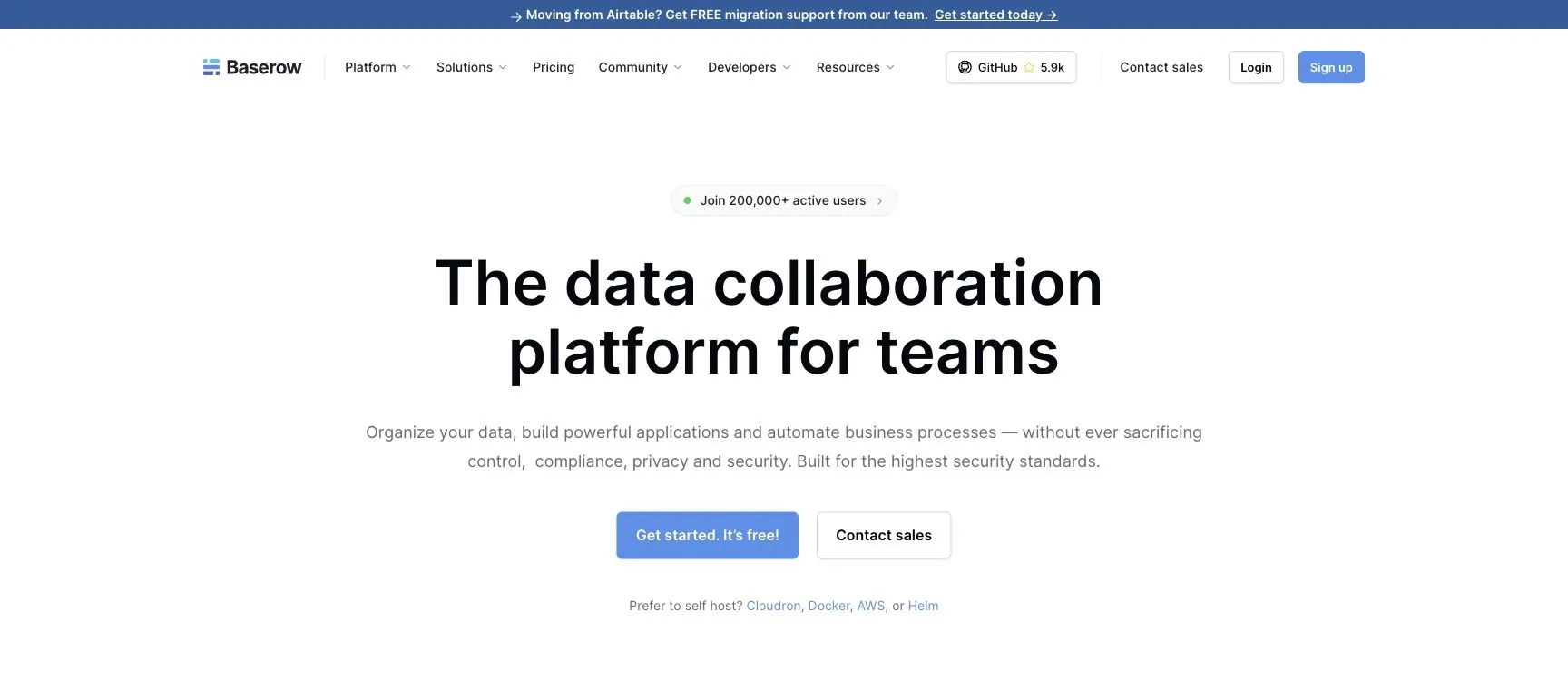 Baserow: Official product website overview.