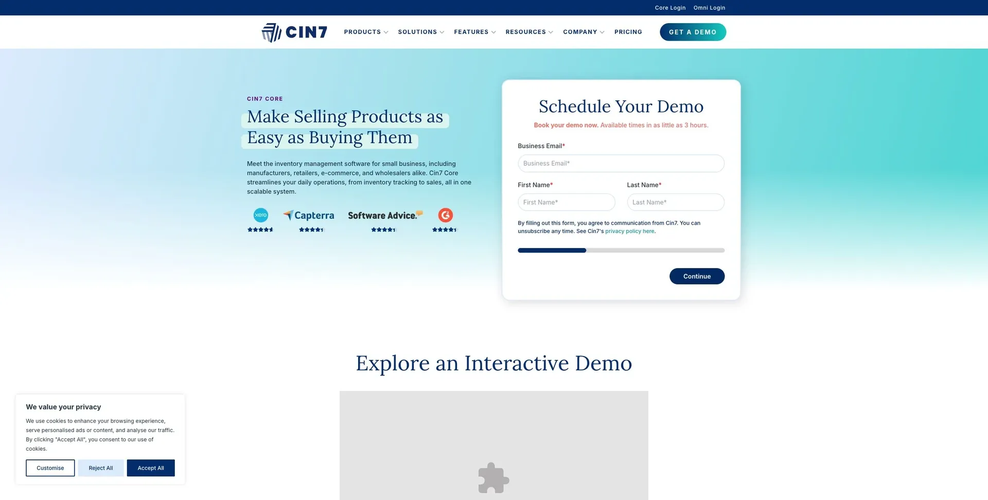 Cin7 Core — Screenshot of the official product website.