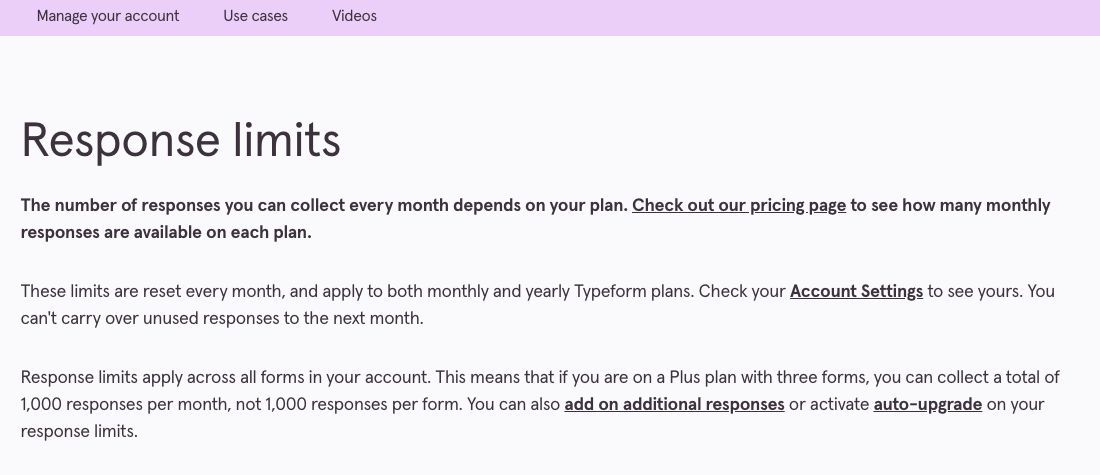 Typeform response limits: monthly reset and account-wide pooling
