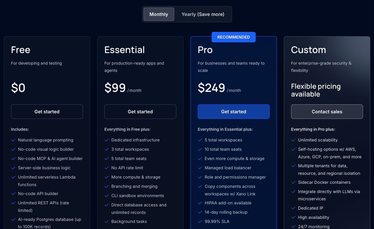 Xano pricing with monthly billing selected