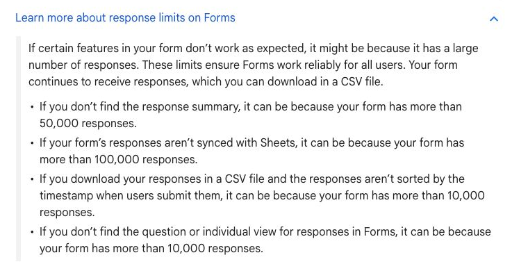 Google Forms documentation listing response-view, summary, and Sheets synchronization thresholds