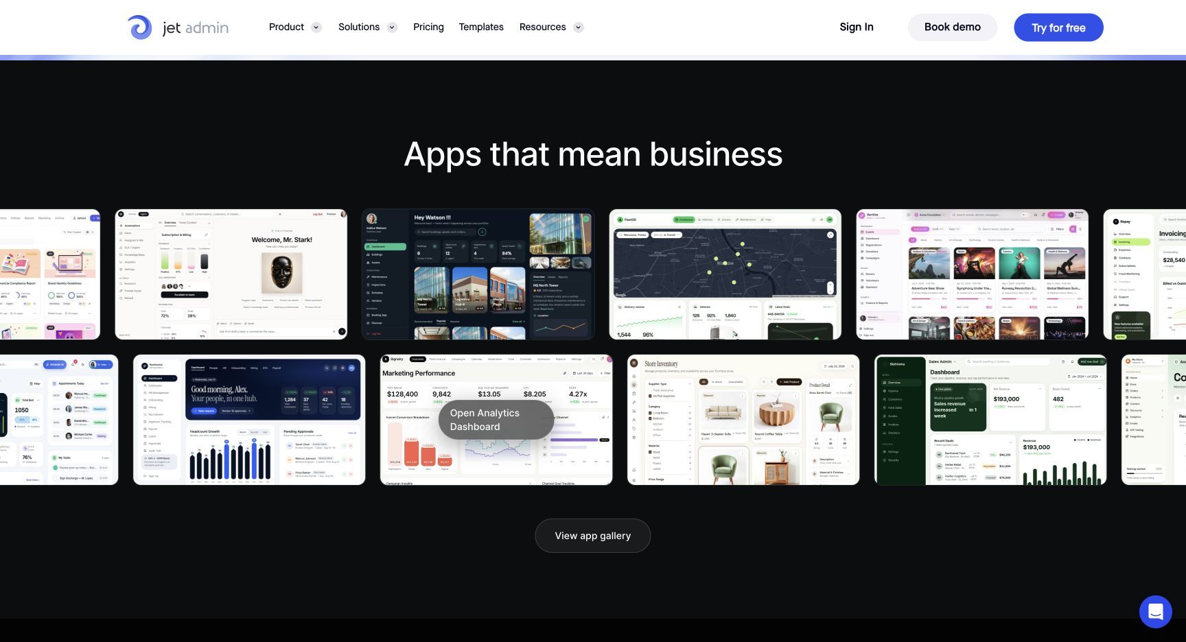 Jet Admin business application gallery.