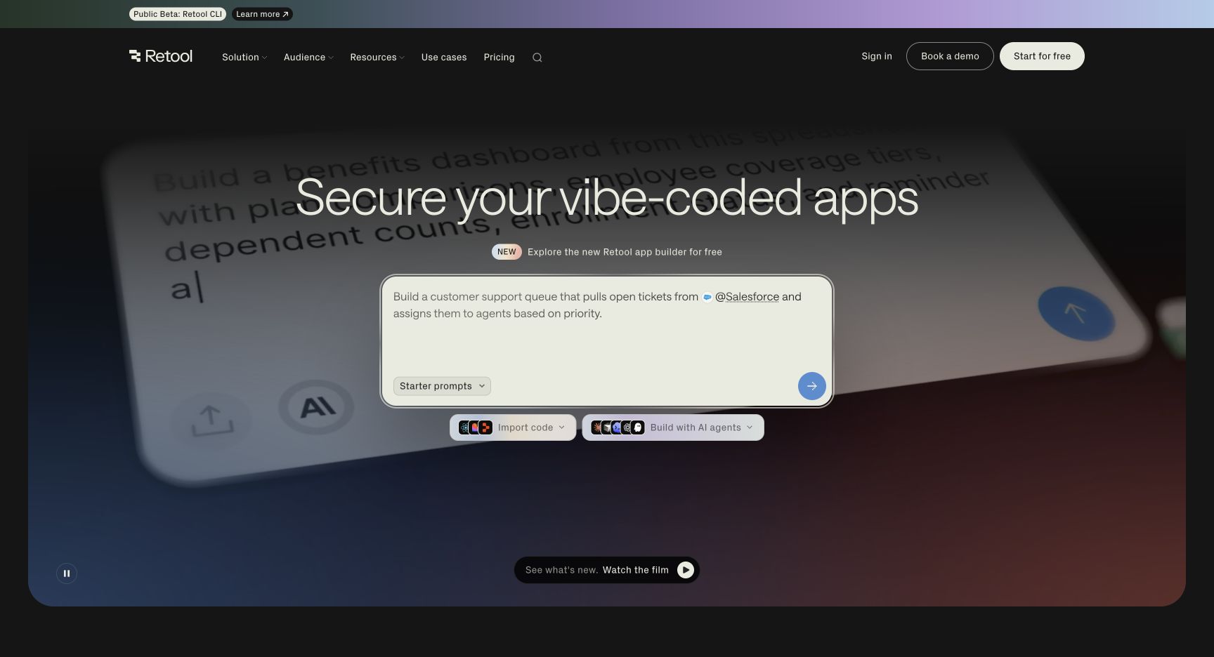 Retool homepage showing an AI prompt for building a customer support queue