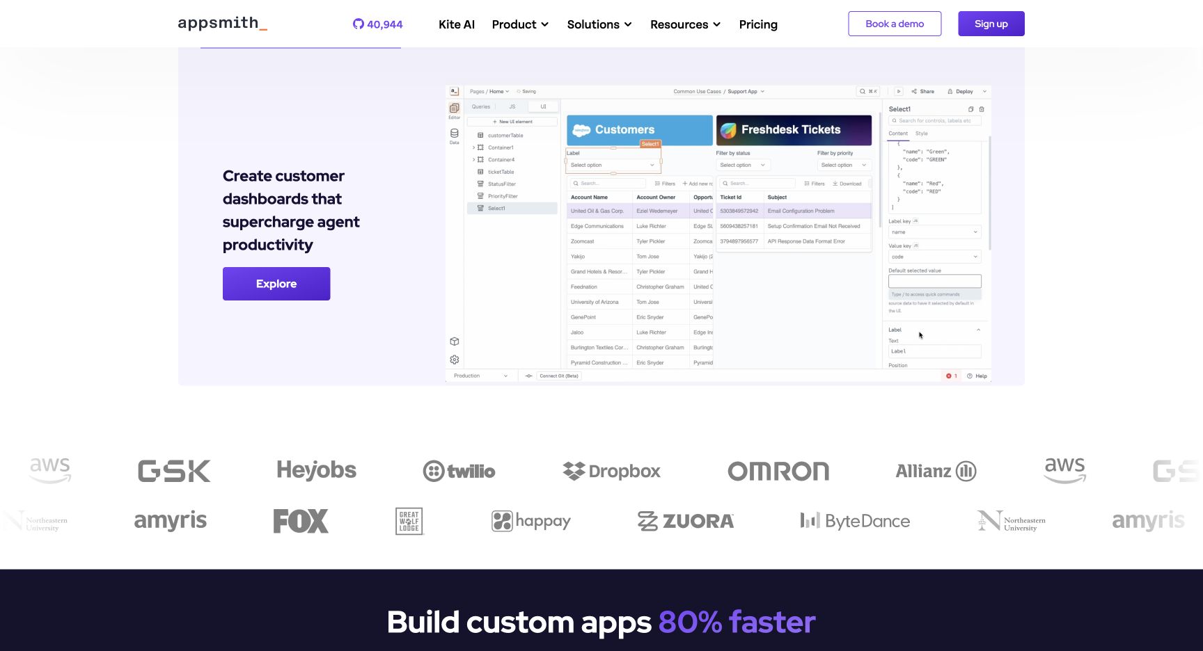 Appsmith customer dashboard builder with customer records, support tickets, and widget settings