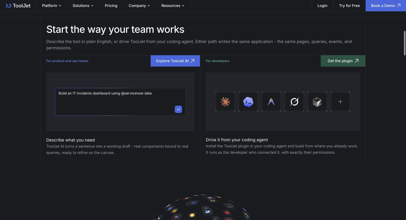 ToolJet website showing natural-language prompts and coding-agent options for building apps