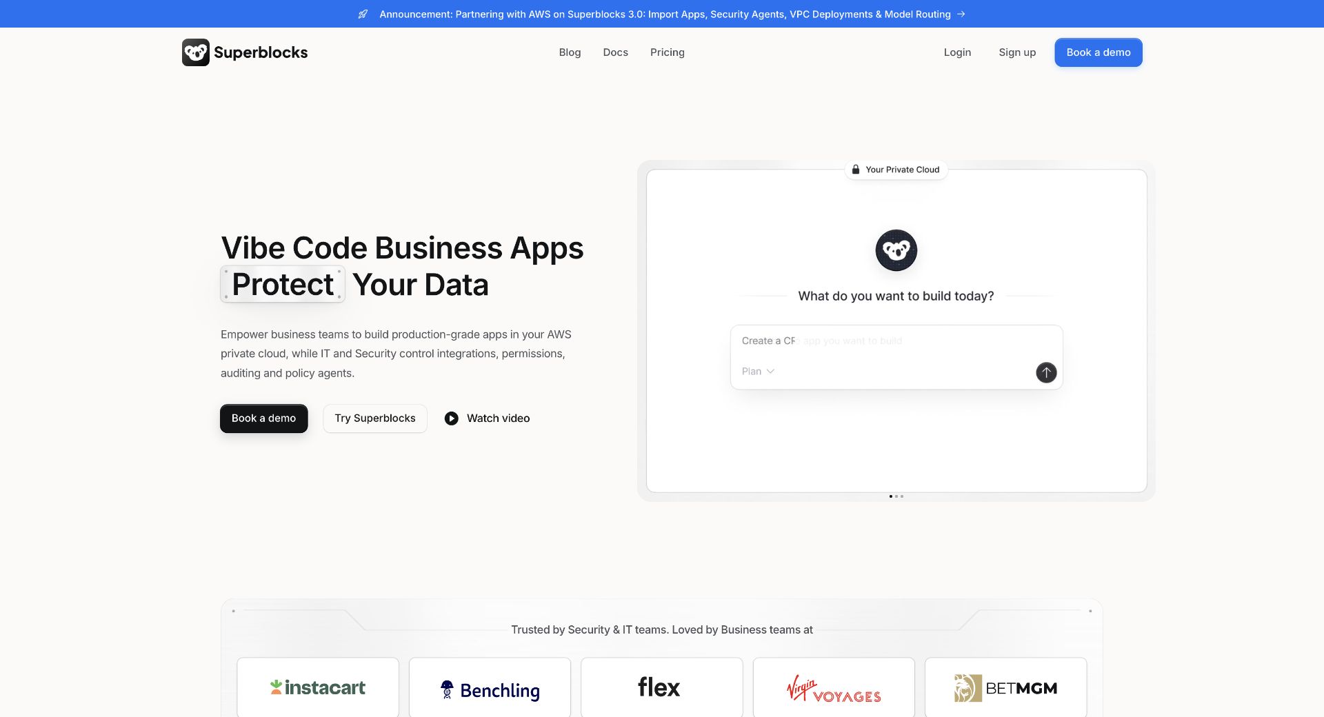 Superblocks homepage showing an AI business app builder and private-cloud positioning