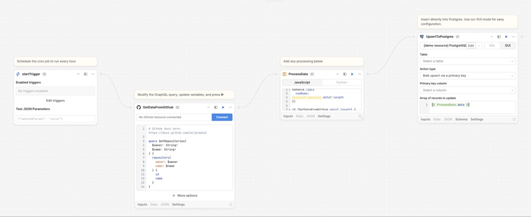 Retool Workflow connecting a trigger, GitHub query, data-processing block, and PostgreSQL update