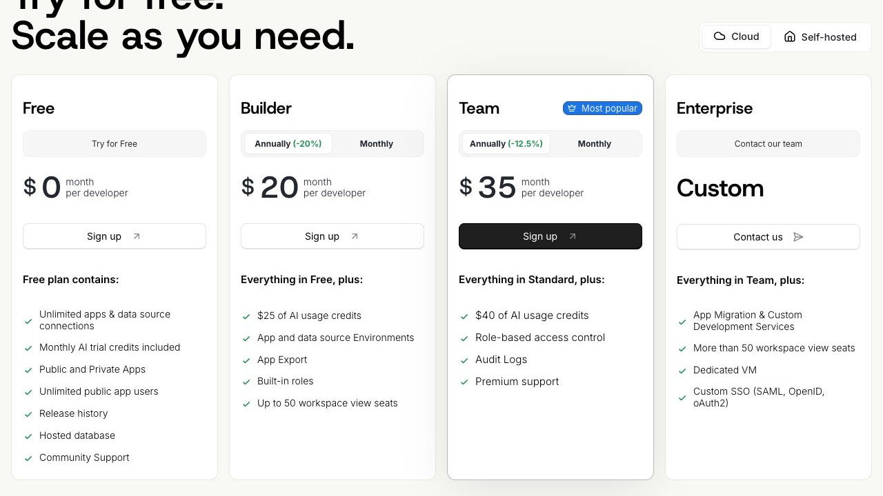 UI Bakery Cloud Free, Builder at $20 and Team at $35 per developer per month annually, and custom Enterprise