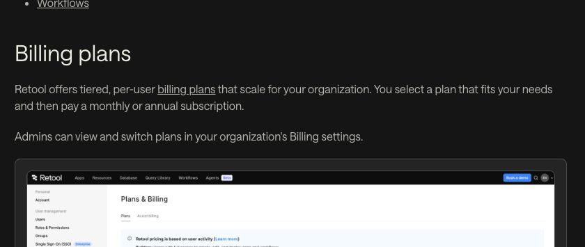 Retool external-user pricing table showing annual and monthly Business plan rates in USD