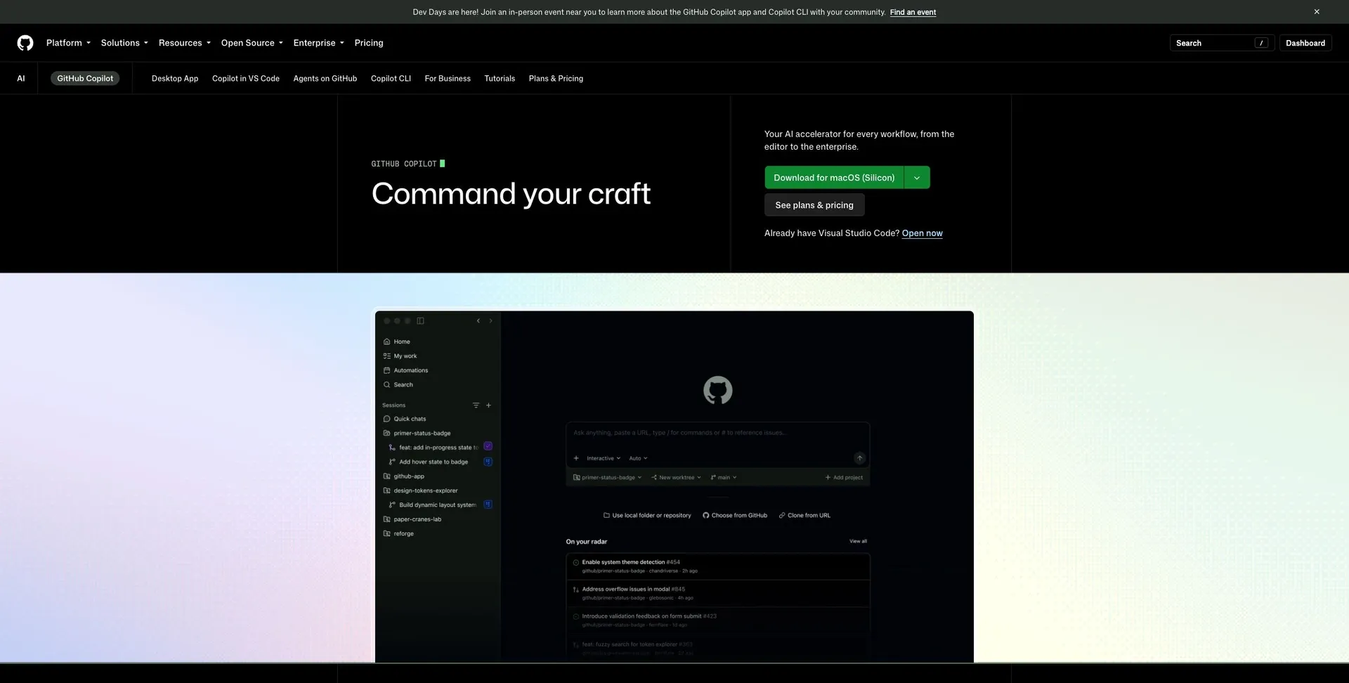 GitHub Copilot: Screenshot of the official product website.