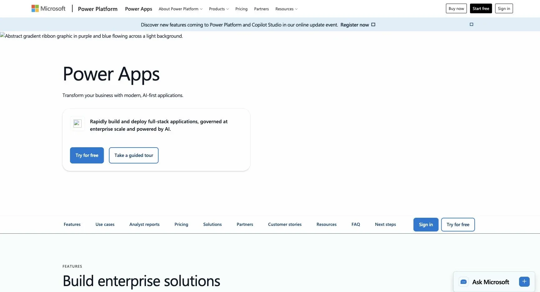 Microsoft Power Apps — Official product website overview.