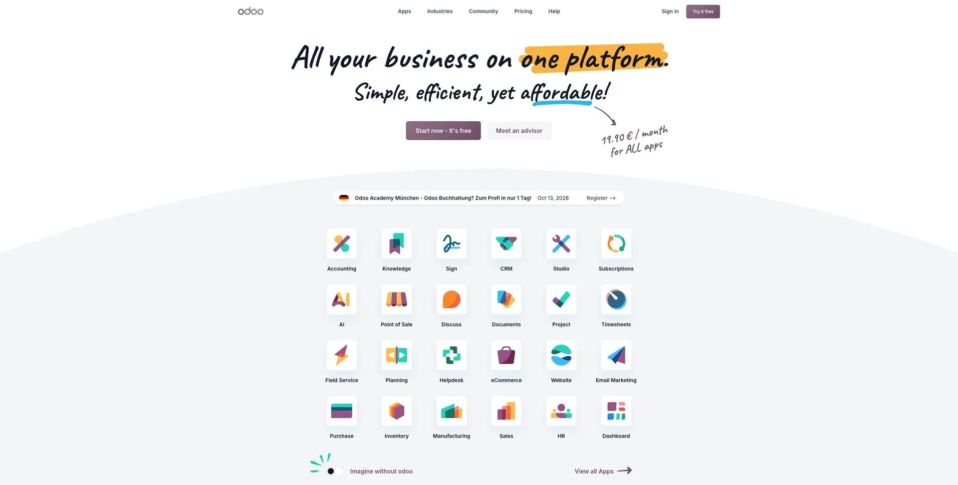 Odoo — Screenshot of the official product website.