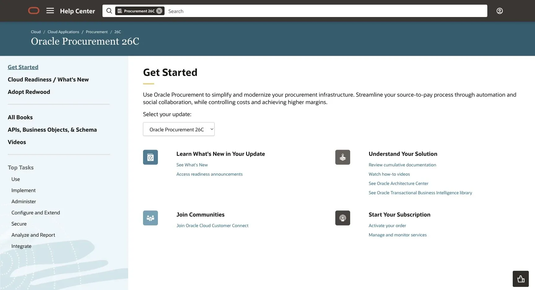 Oracle Procurement Cloud — Official Oracle Procurement documentation overview.