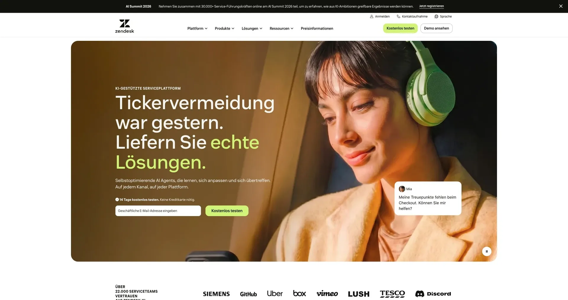 Zendesk AI Agents — Official Zendesk service platform overview (German regional page).