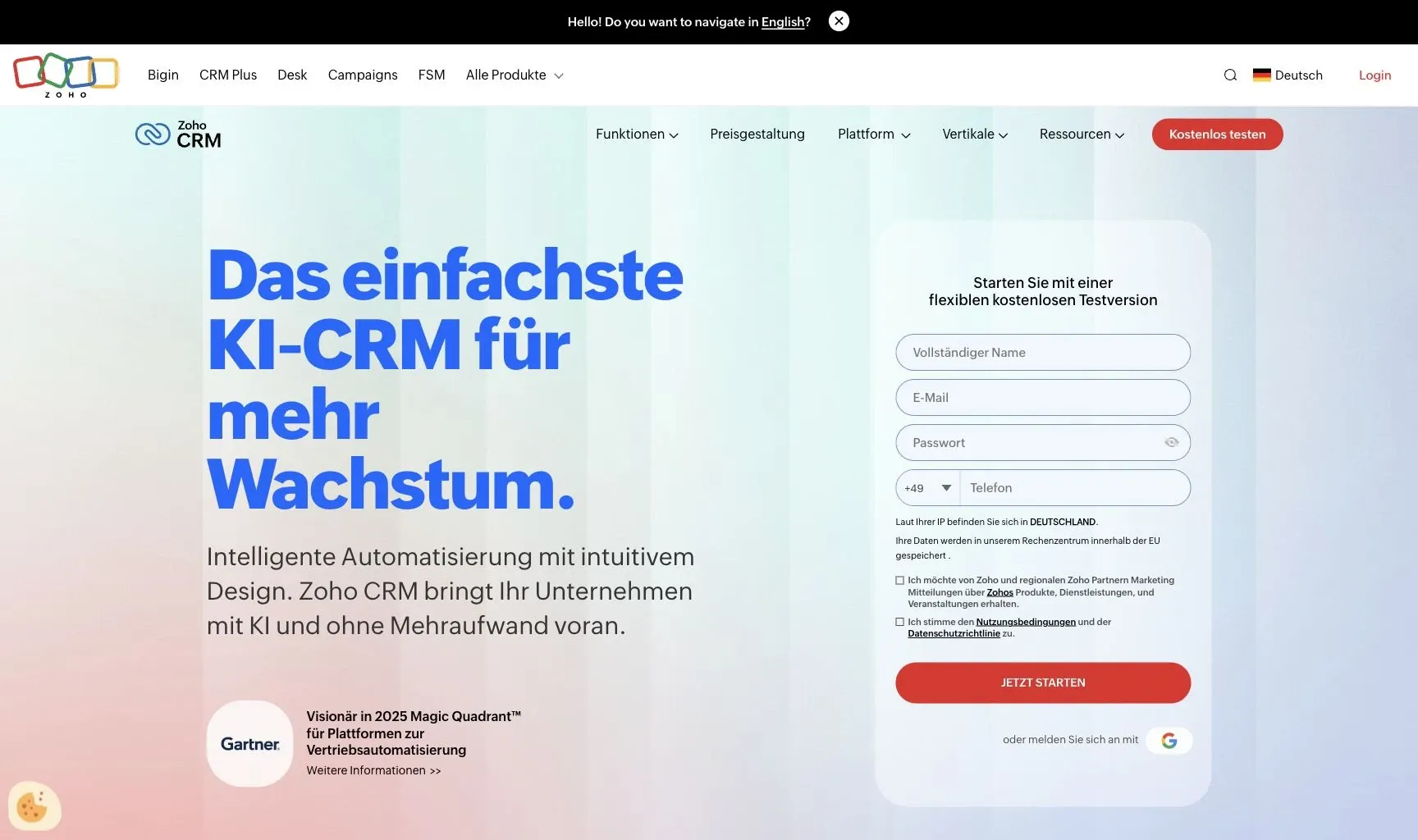 Zoho CRM — Official product website overview (German regional page).