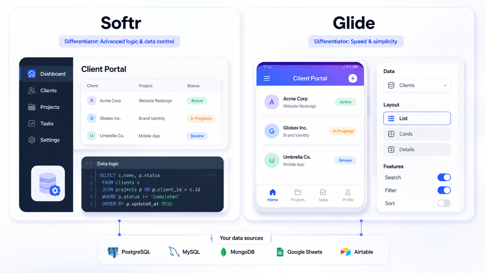 Softr vs Glide: Detailed Comparison for Business Apps, Client Portals, and Internal Tools (2026)